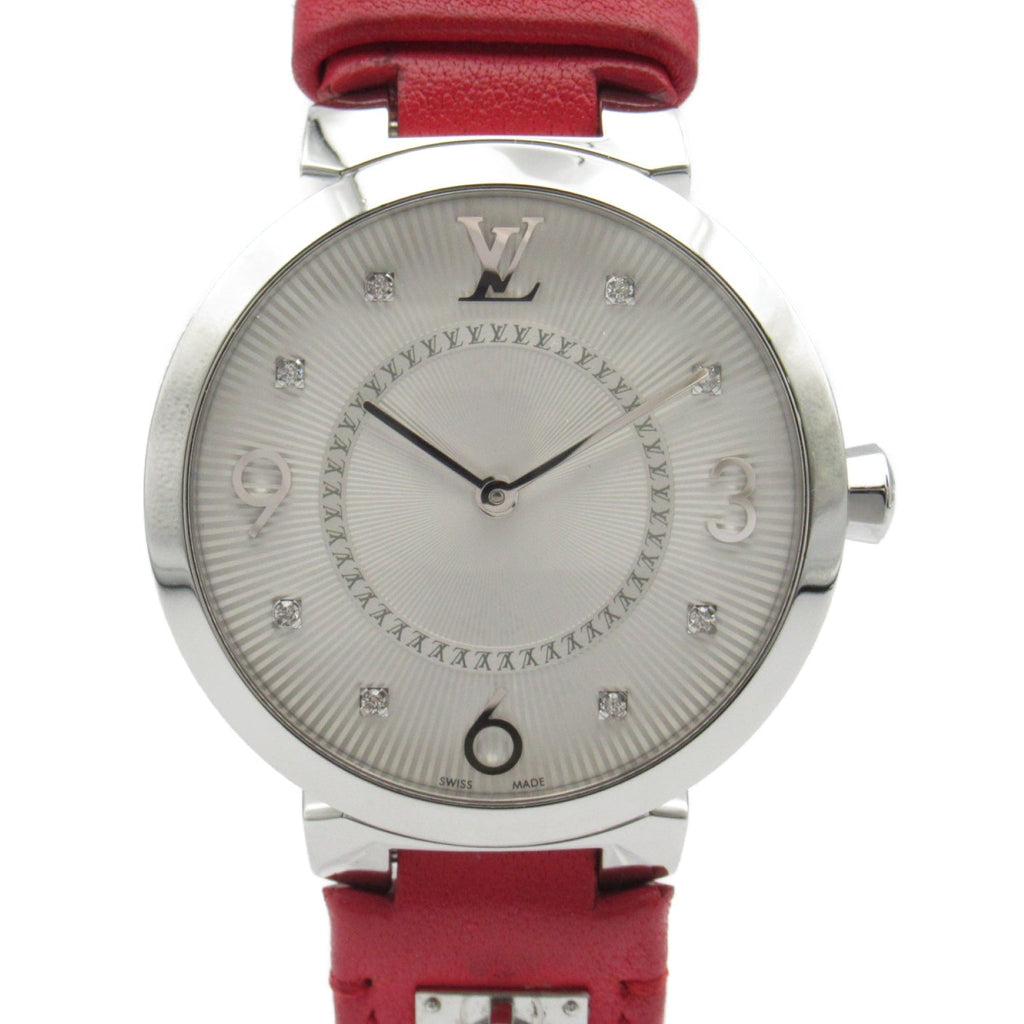 Louis Vuitton Tambour Slim MM 8P Diamond  Watch Stainless Steel Leather Belt  Silver  Q13MJ