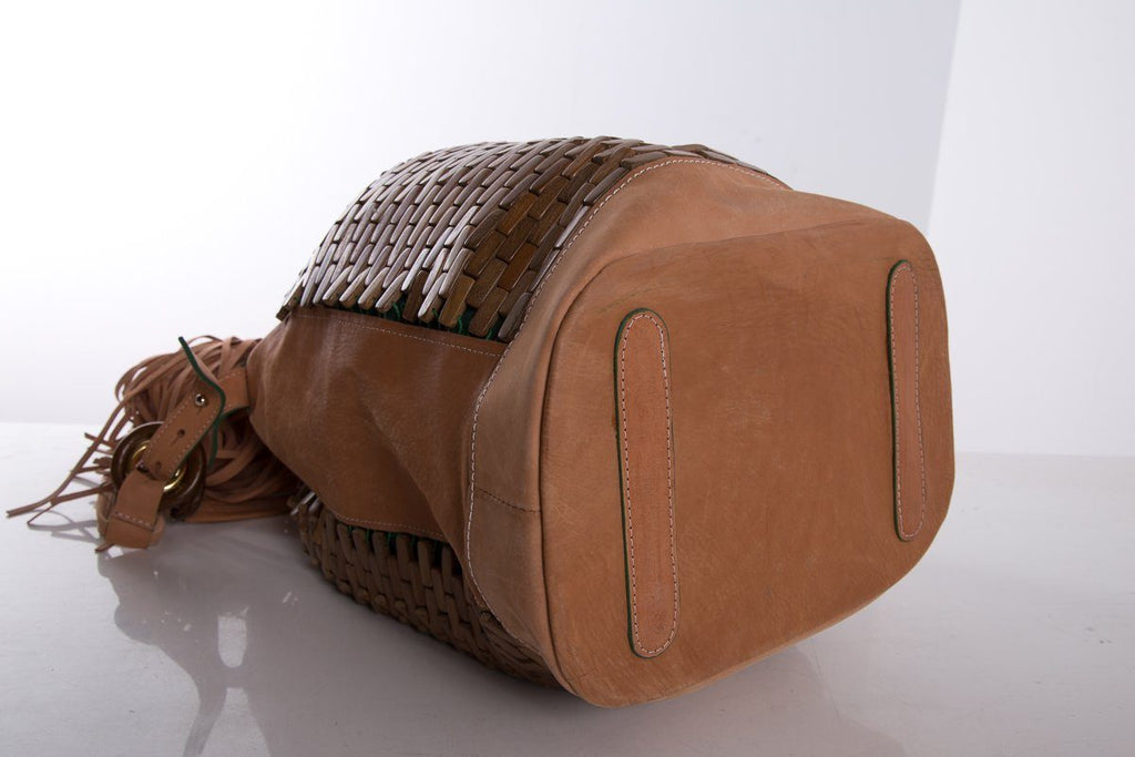 The Nomadic Collector Tan/Brown/Green Wooden Beaded Bucket Bag