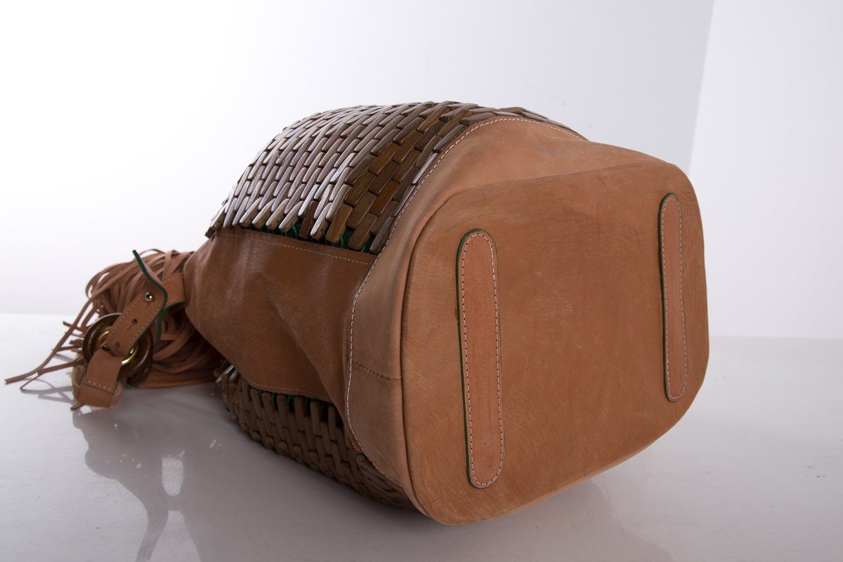 The Nomadic Collector Tan/Brown/Green Wooden Beaded Bucket Bag