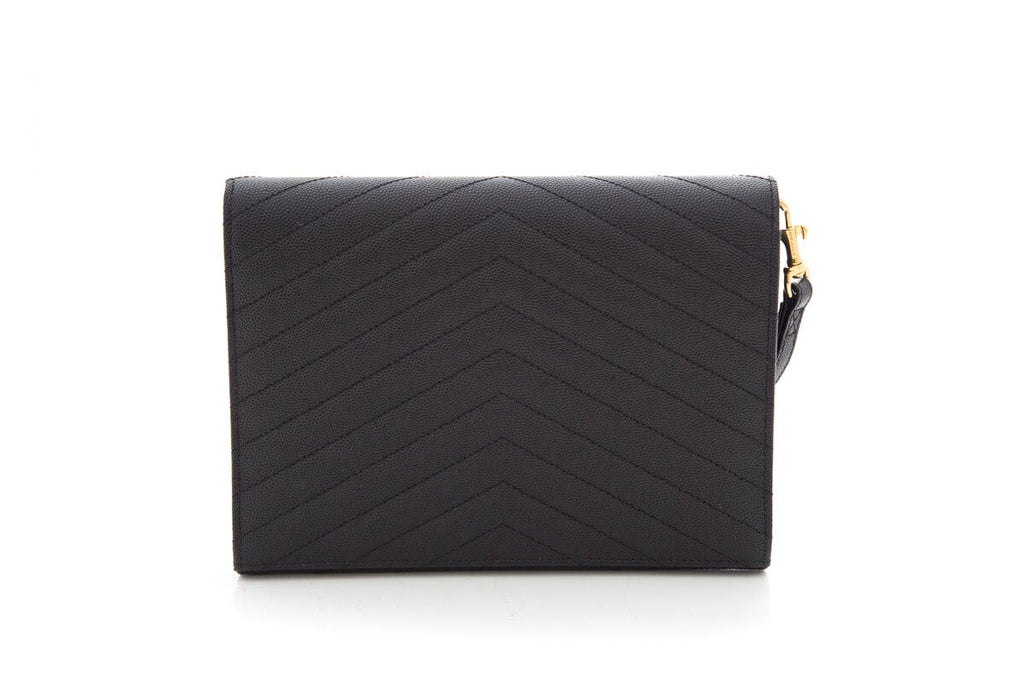 YSL Matelasse Grain De Poudre Black Leather Envelope Flap Pouch Clutch Bag