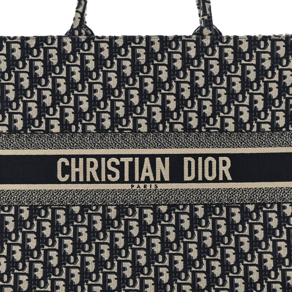 DIOR ECRU & BLUE OBLIQUE EMBROIDERY LARGE BOOK TOTE BAG