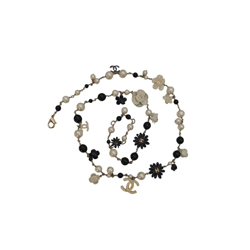 Chanel CC Camellia Black Bead Faux Pearl Long Necklace