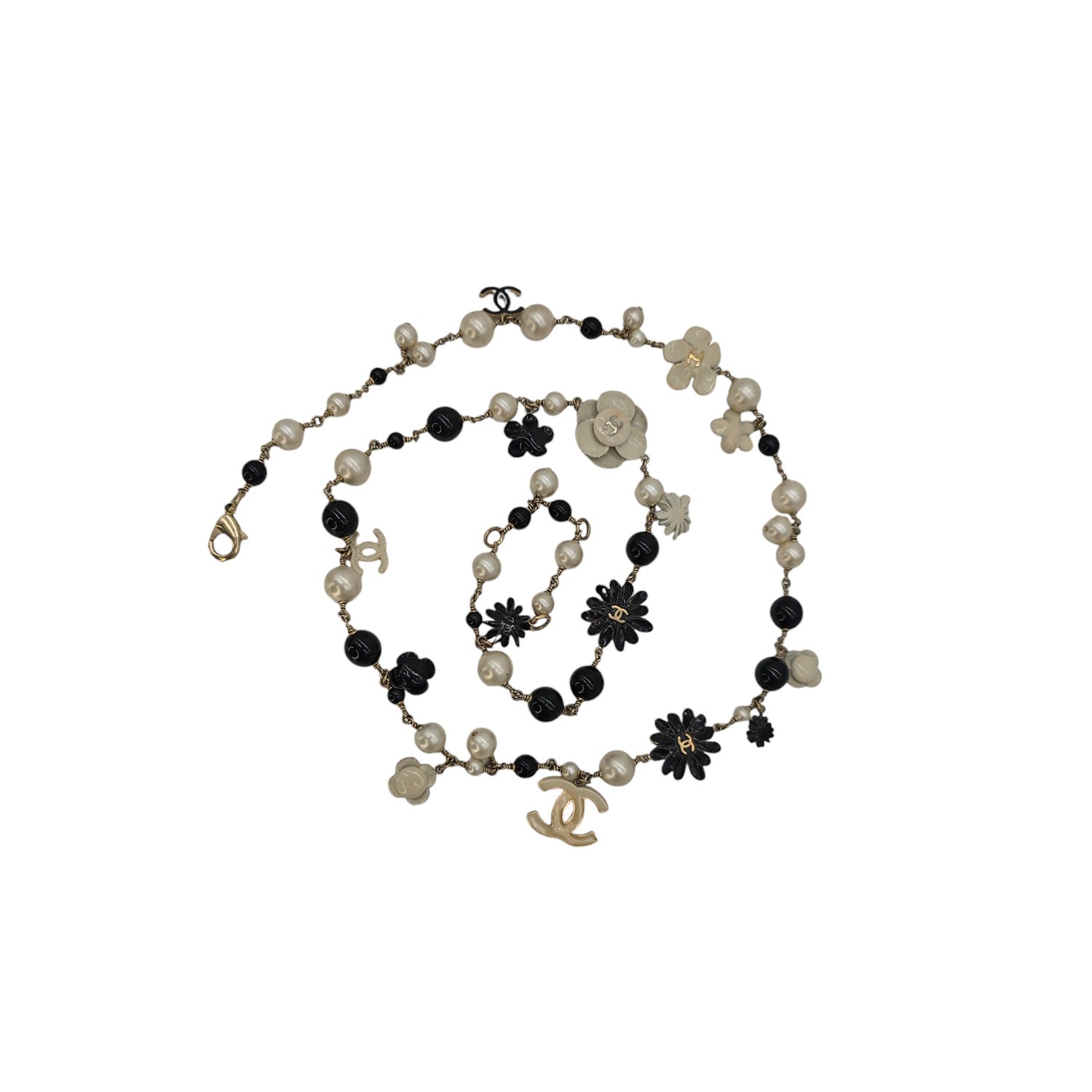 Chanel CC Camellia Black Bead Faux Pearl Long Necklace