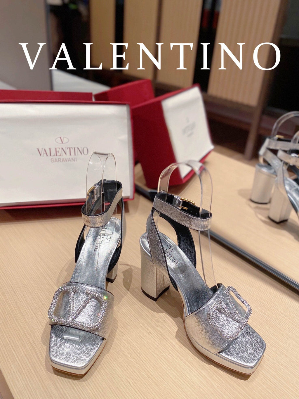 Valentino Garavani Strap Heeled Sandals With V Logo Crystal EmbellisGLAMIent Silver For Women
