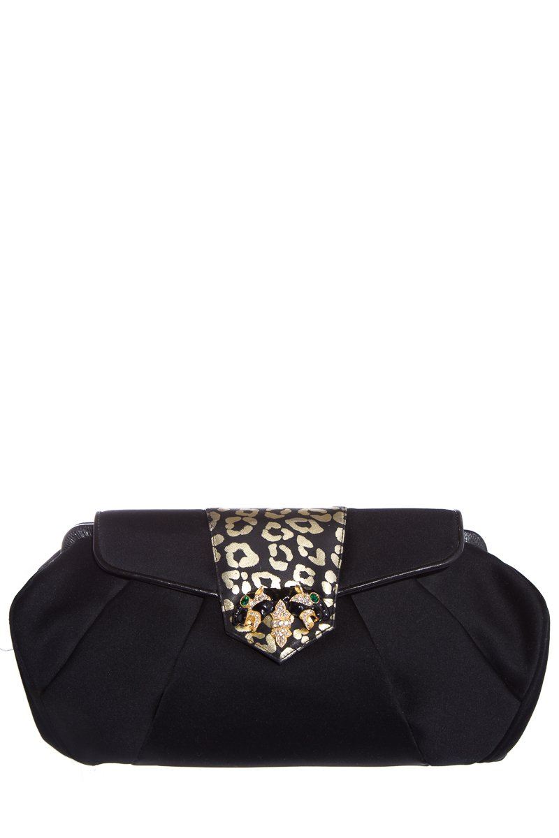 Sharif Black Satin Leopard Rhinestone Evening Clutch