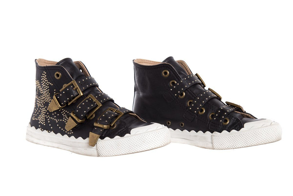 ChloÃƒÆ’Ã‚Â© Black Leather Studded Buckle High-Top Sneakers SZ 37