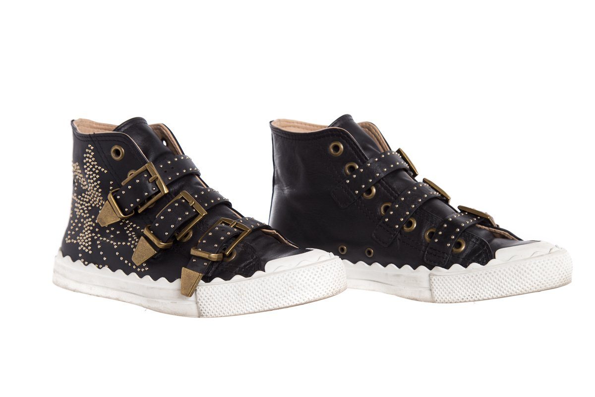 ChloÃƒÆ’Ã‚Â© Black Leather Studded Buckle High-Top Sneakers SZ 37