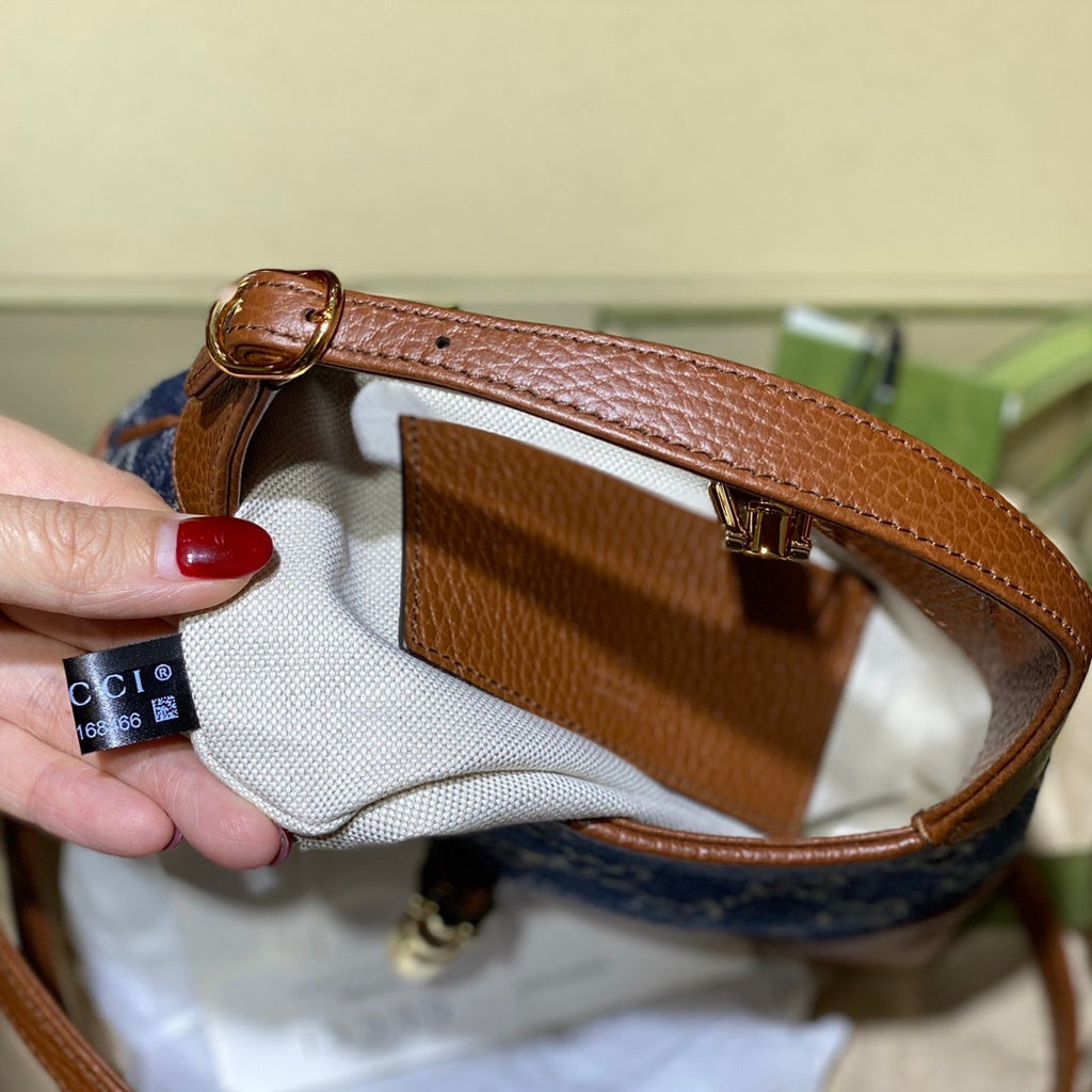 gg Jackie 1961 Mini Shoulder Bag Dark Blue And Ivory Eco Washed Organic gg Jacquard Denim For Women 7.5in/19cm gg 637092 2KQgg 8375