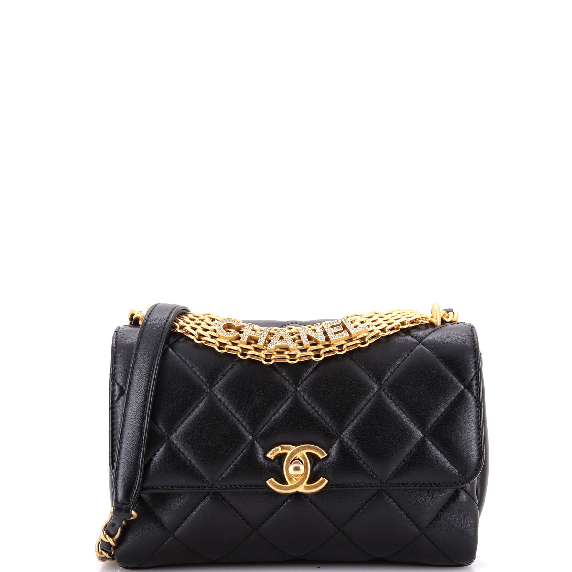 CHANEL Crystal Logo Letters Chain Handle Flap Bag Quilted Lambskin Small