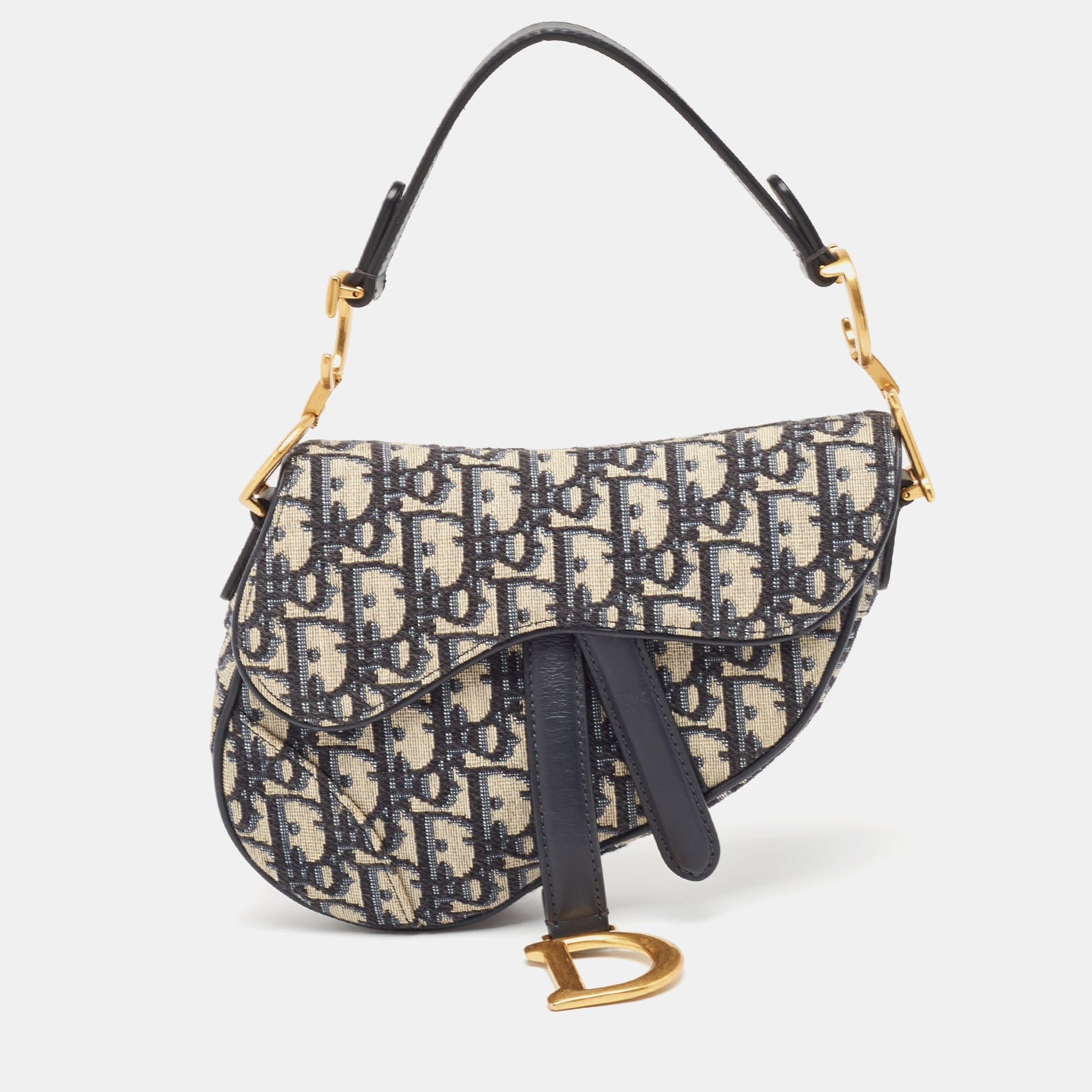 Dior Navy Blue Oblique Canvas And Leather Mini Saddle Bag