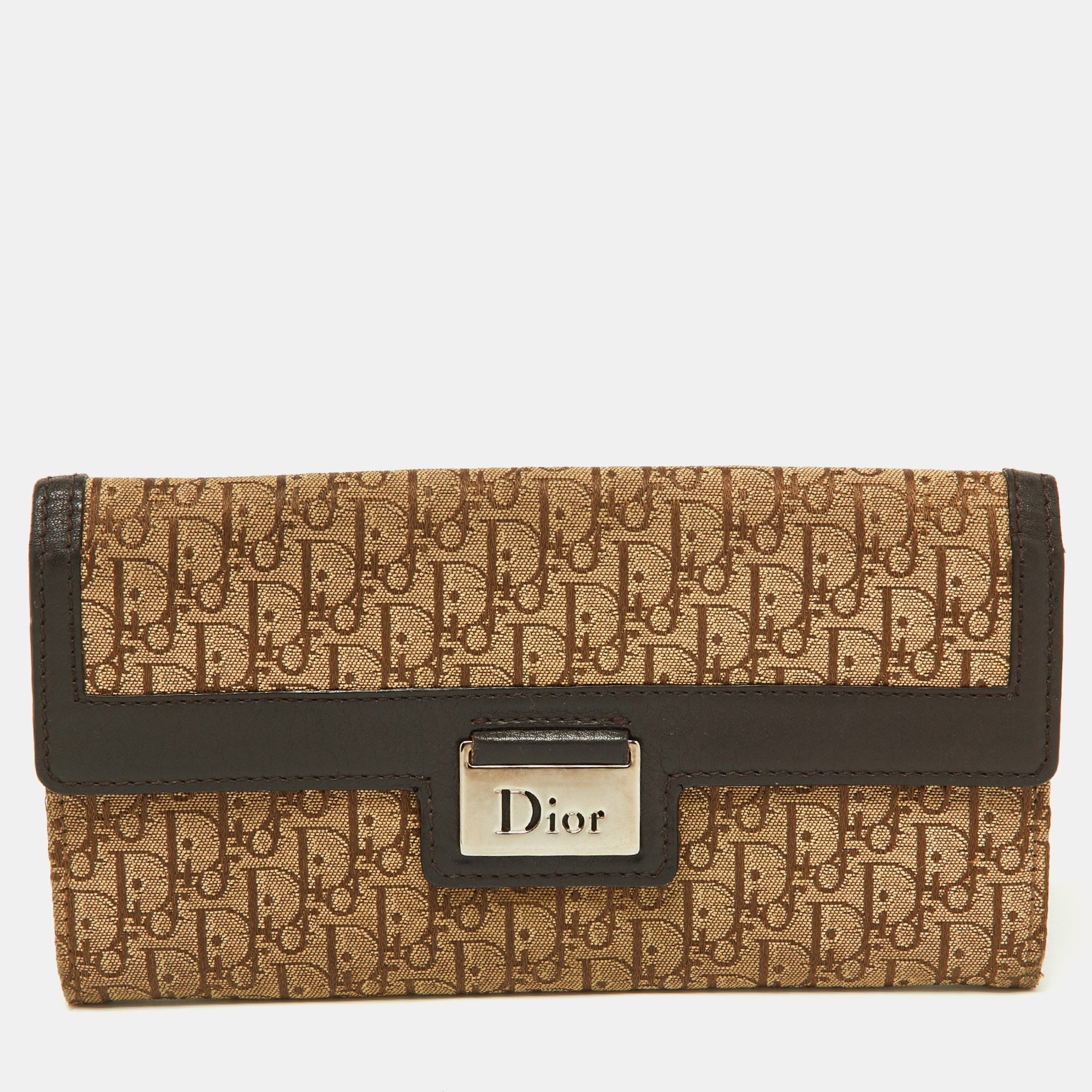 Dior Beige/brown Oblique Canvas And Leather Flap Continental Wallet
