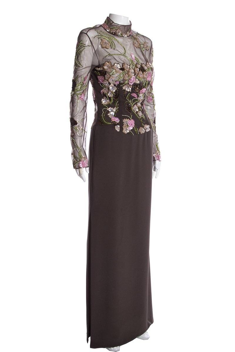 Reem Acra Grey Multi Color Sequin Floral Evening Gown SZ S/M