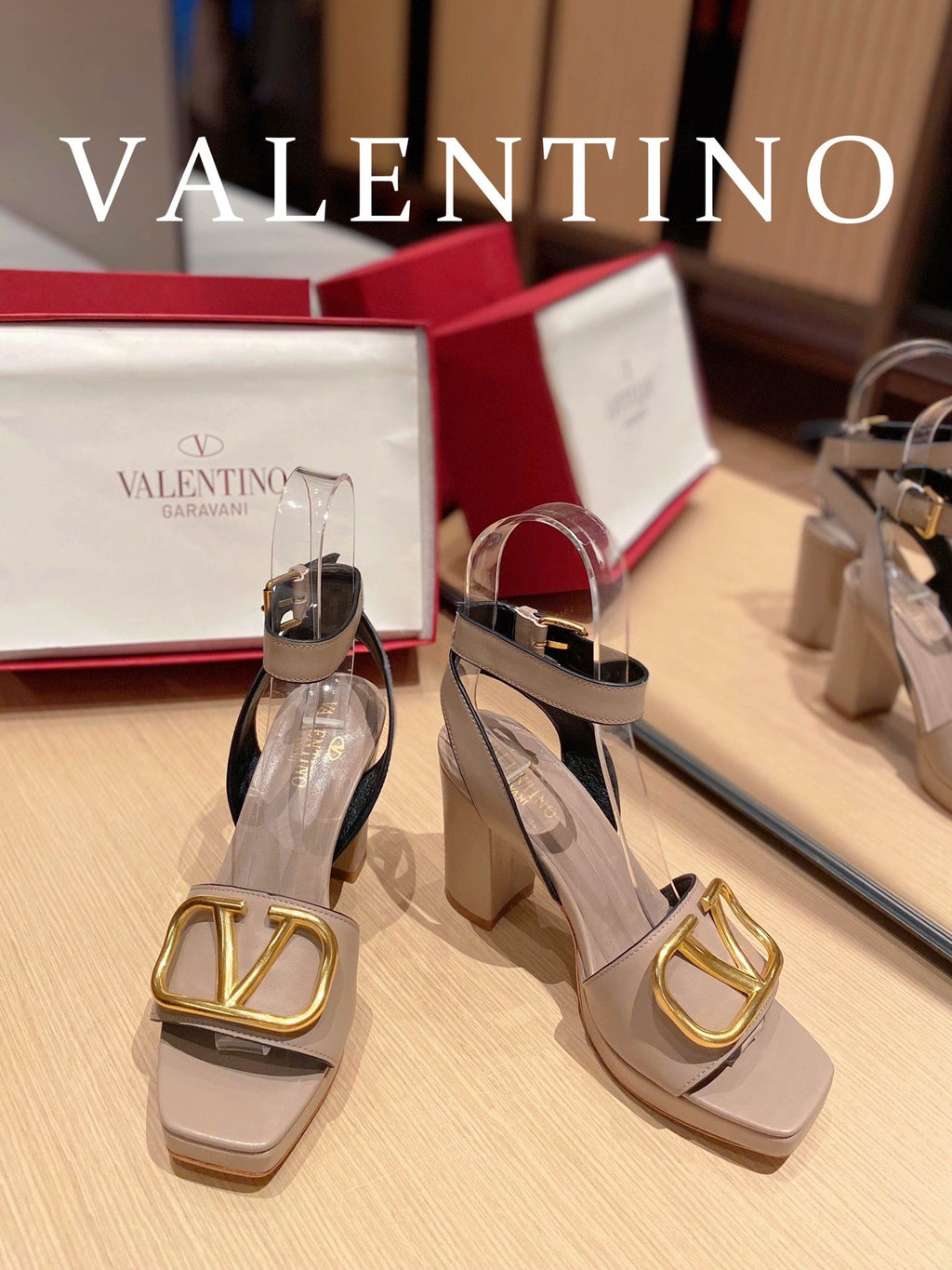 Valentino Garavani Strap Heeled Sandals With V Logo Signature EmbellisGLAMIent Beige For Women