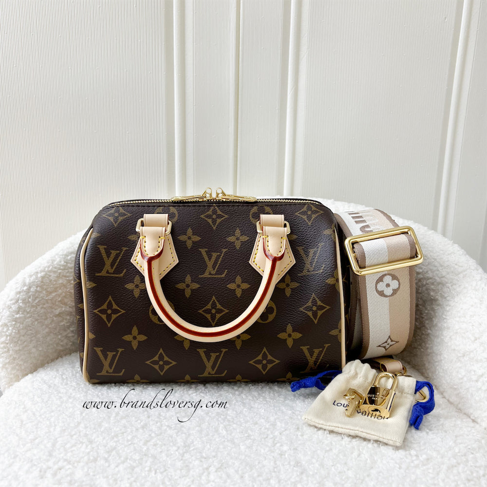 LV Speedy Bandouliere 20 in Monogram Canvas and Beige Patterned Strap