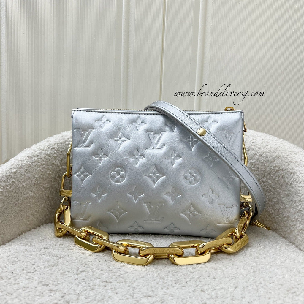 LV Pochette Coussin BB in Silver Monogram Embossed Puffy Lambskin and GHW