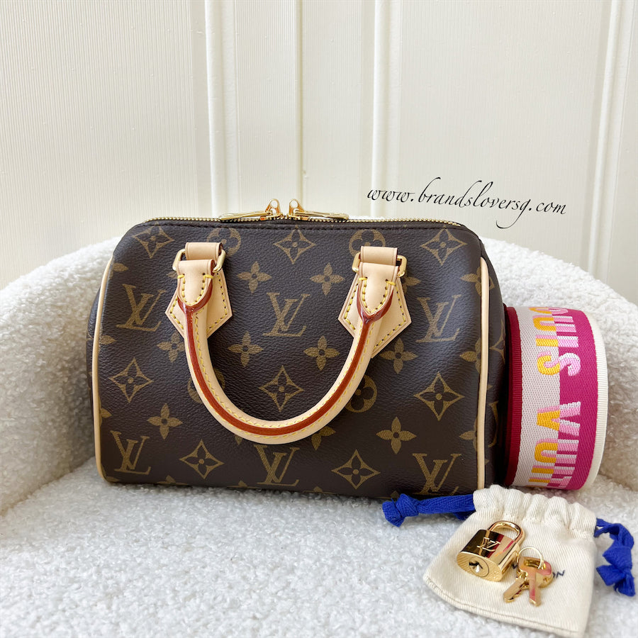 LV Speedy Bandouliere 20 in Monogram Canvas and Pink Patterned Strap