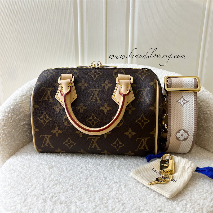 LV Speedy Bandouliere 20 in Monogram Canvas and Beige Patterned Strap