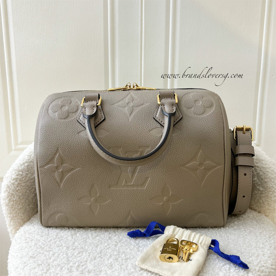 LV Speedy Bandouliere 25 in Tourterelle Monogram Empreinte Leather GHW