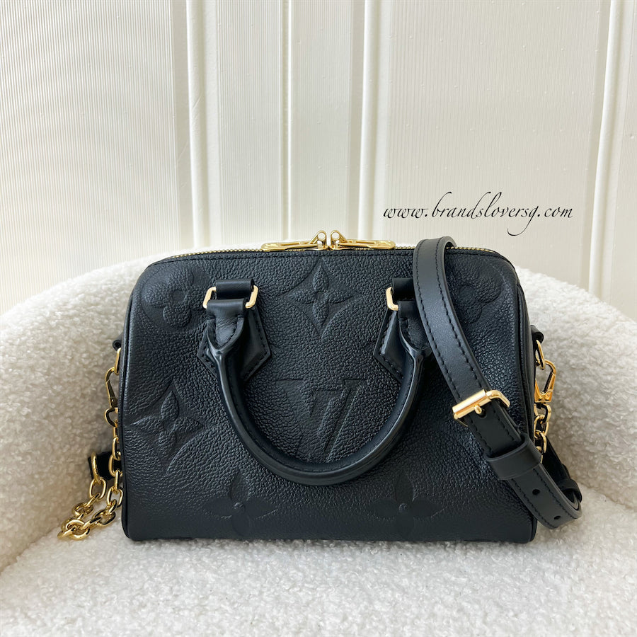 LV Speedy Bandouliere 20 in Black Monogram Empreinte Leather with Gold/Black Strap