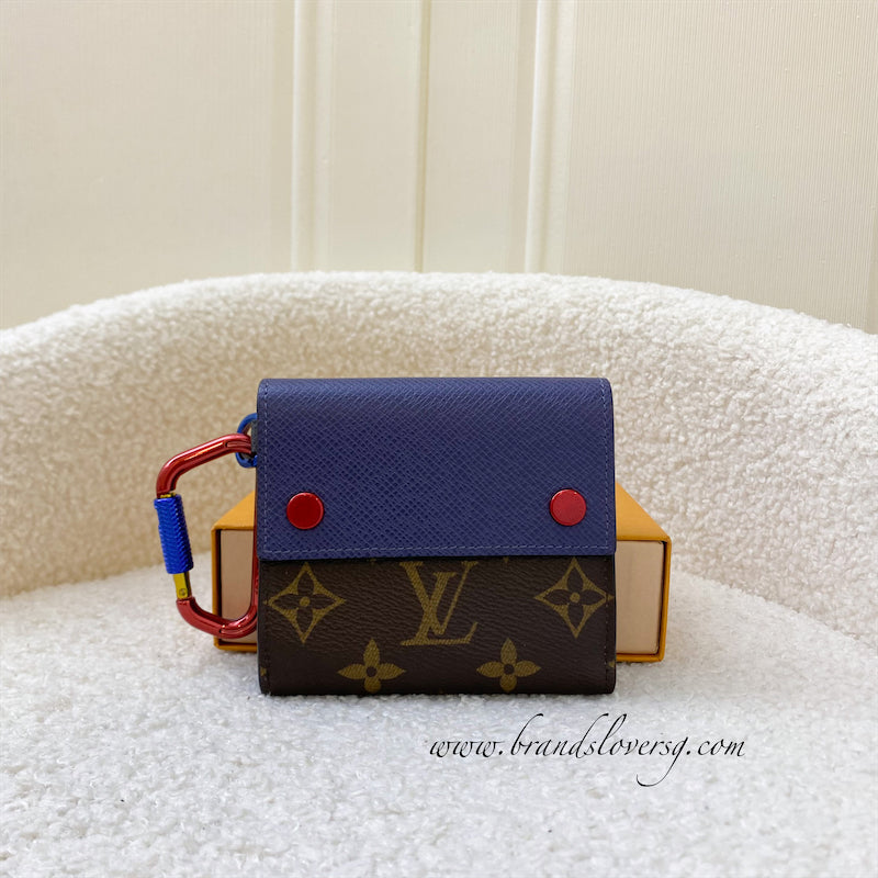 LV Kim Jones Bifold Compact Wallet in Monogram Canvas and Dark Blue Leather