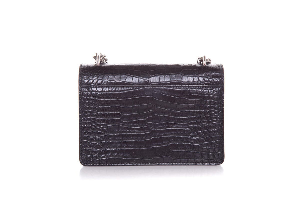 Saint Laurent SUNSET Black Embossed Croc Cross-Body W/ Silvertone Hardware