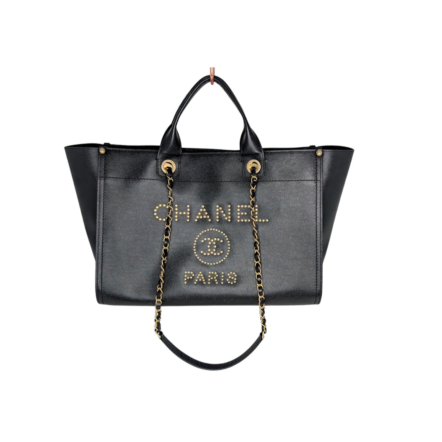 Chanel 2019 Black Caviar Studded Logo Deauville Tote
