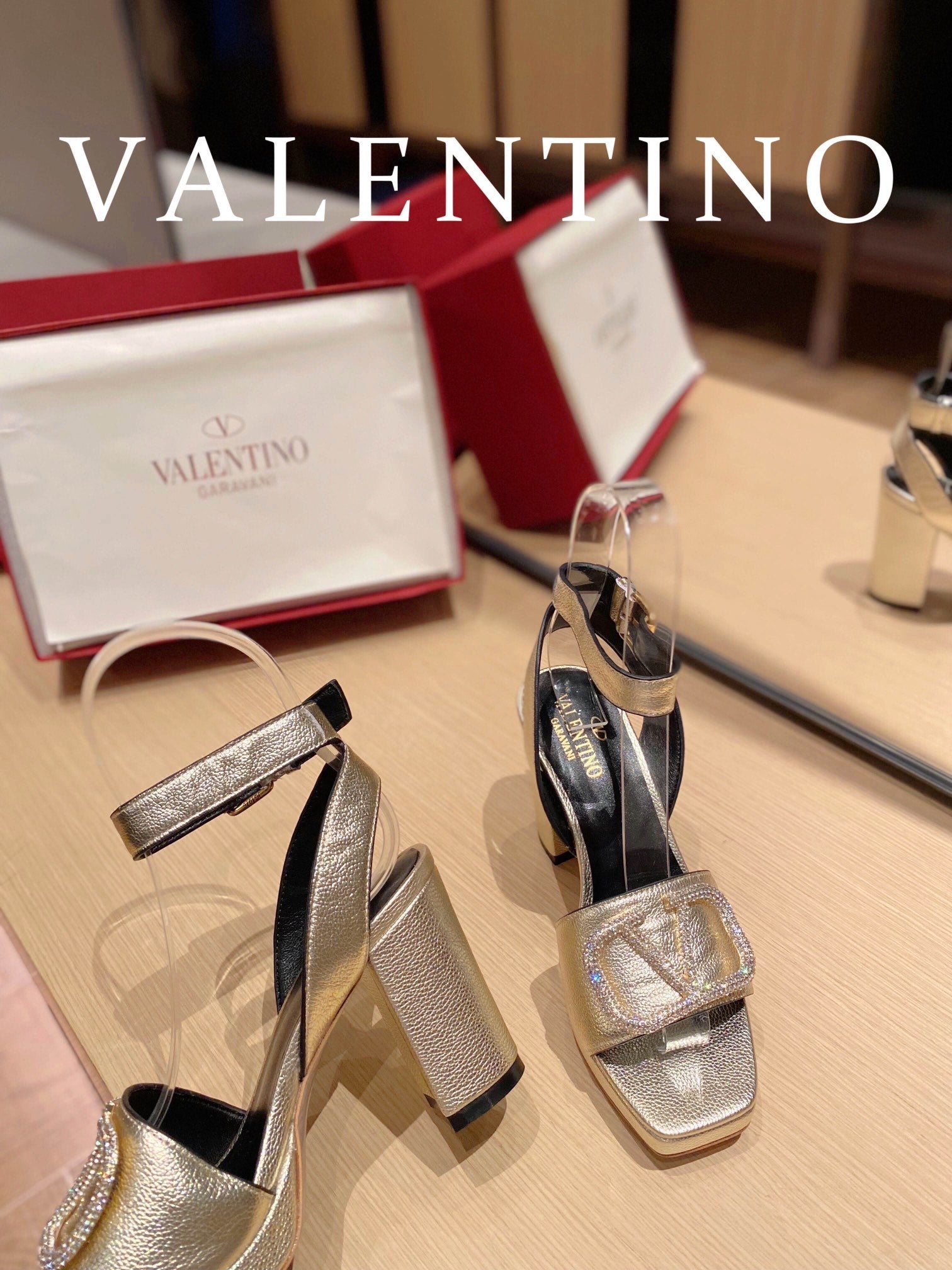 Valentino Garavani Strap Heeled Sandals With V Logo Crystal EmbellisGLAMIent Gold For Women