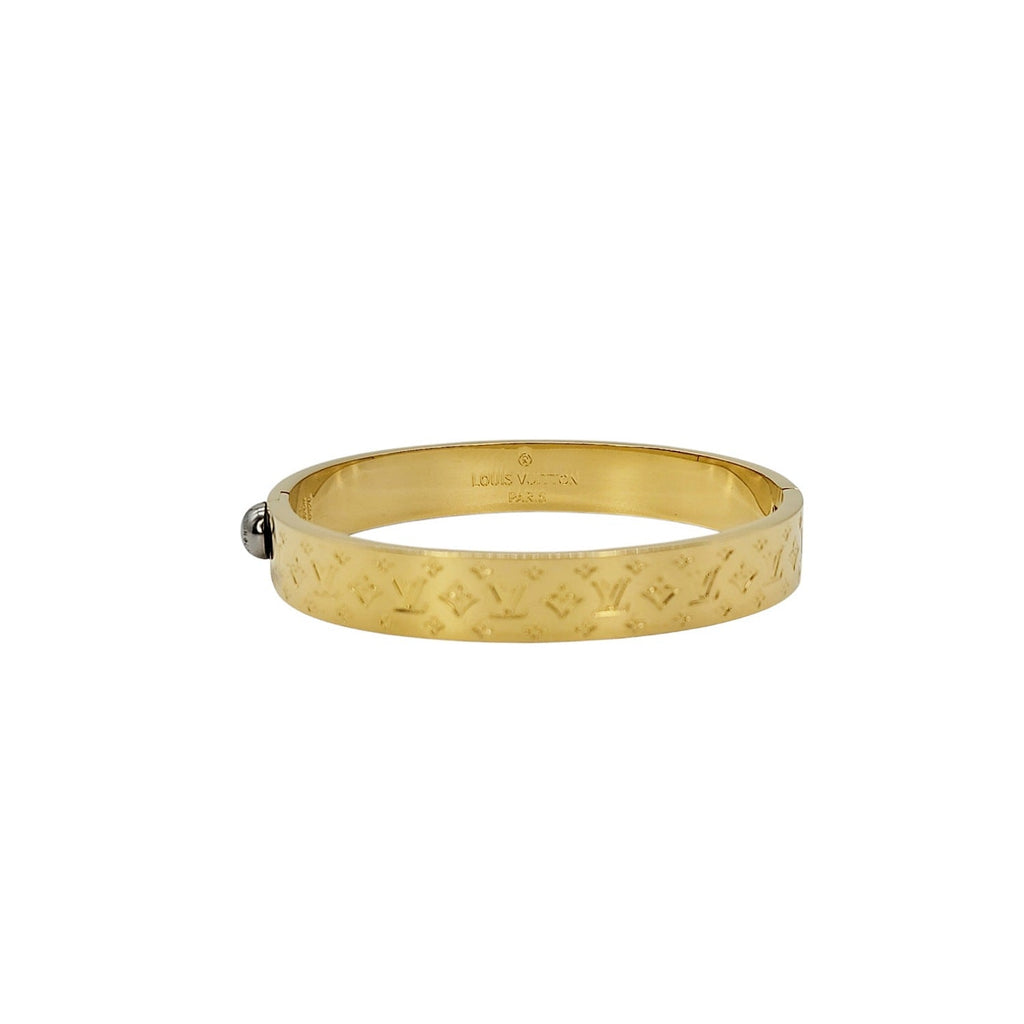 Louis Vuitton Gold Nanogram Hinged Cuff Bracelet Sz 6.5