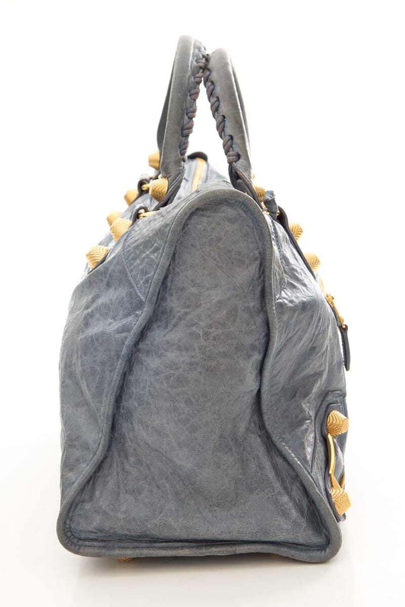 Balenciaga Blue Crinkled Leather & Gold Work Tote