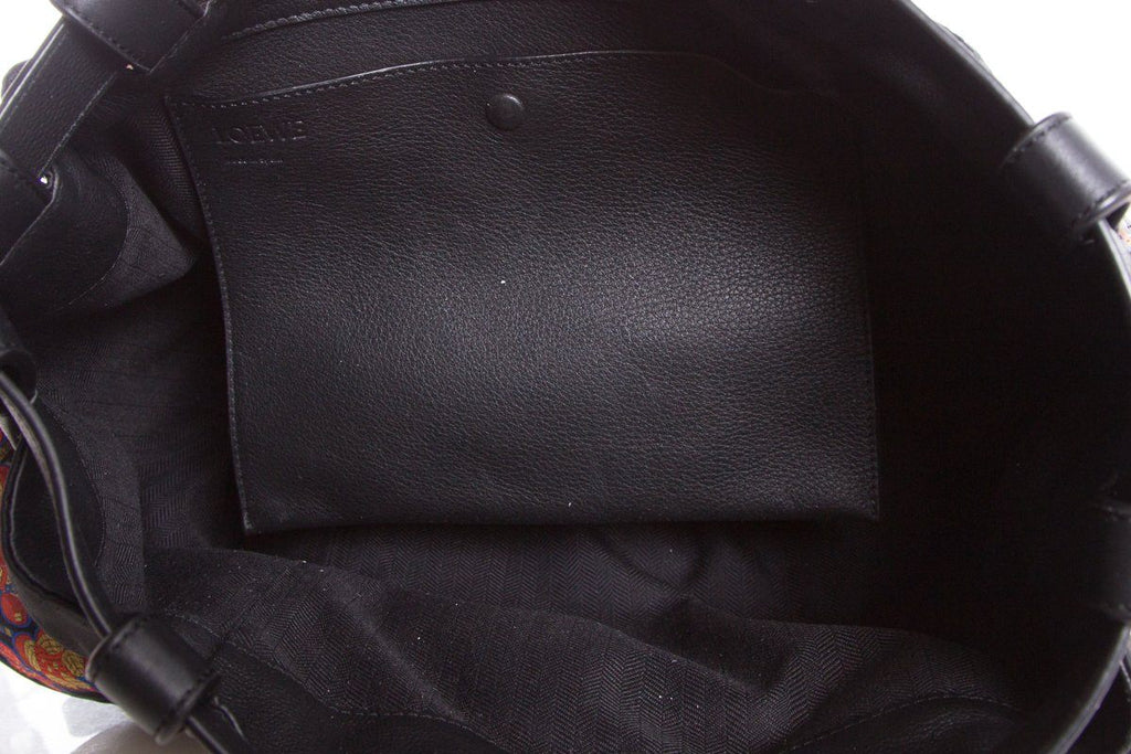 Loewe Black Leather & Multicolor Oriental Silk Print Backpack
