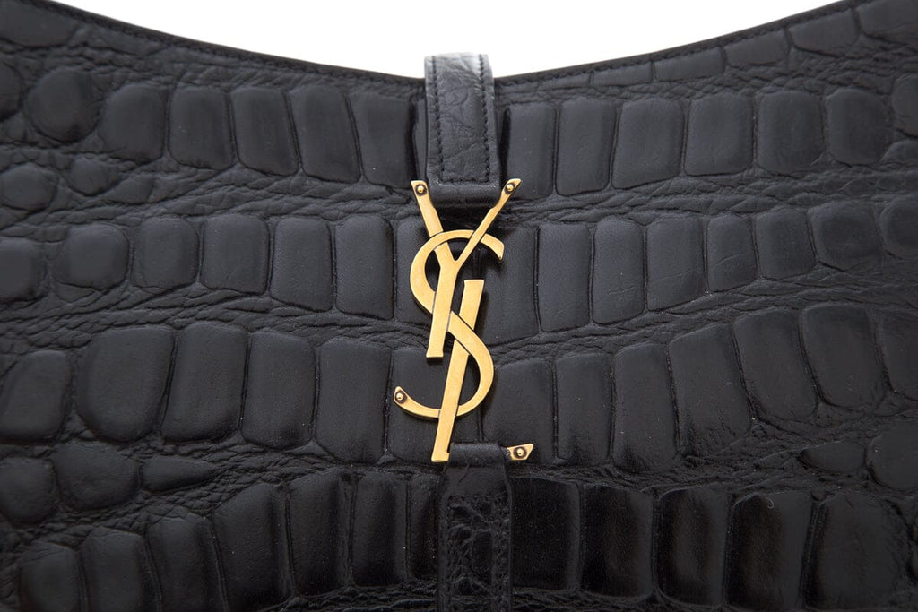 Saint Laurent Black Crocodile Embossed Leather Cassandre Handbag