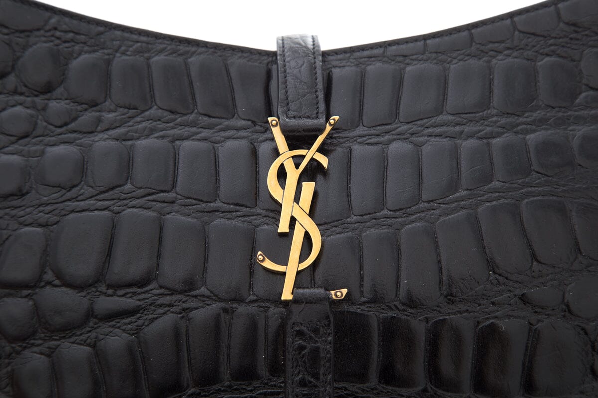 Saint Laurent Black Crocodile Embossed Leather Cassandre Handbag