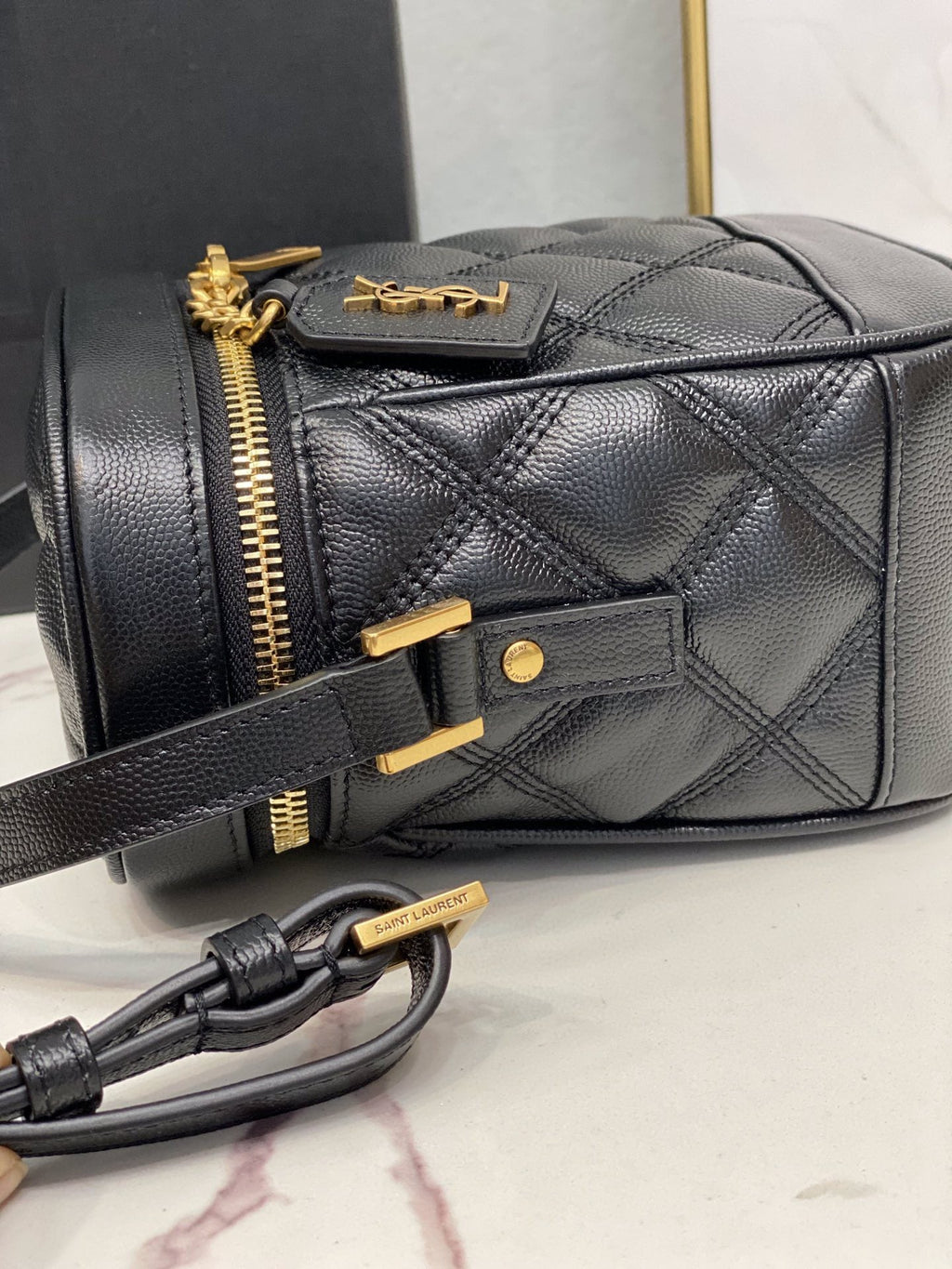YSSL 80’s Vanity Bag In Carré-Quilted Grain De Poudre Black For Women 6.4in/16.5cm YSL 649779DME271000