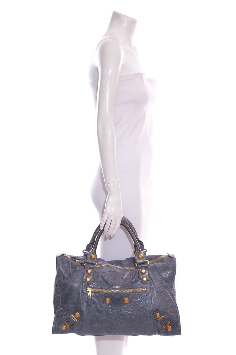 Balenciaga Blue Crinkled Leather & Gold Work Tote