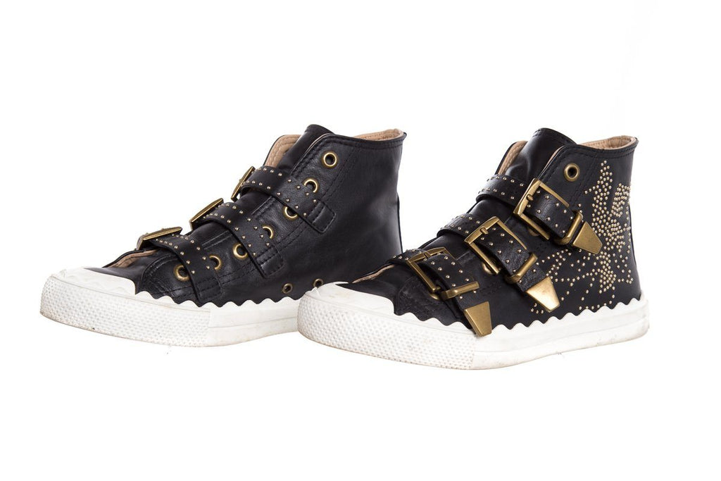 ChloÃƒÆ’Ã‚Â© Black Leather Studded Buckle High-Top Sneakers SZ 37