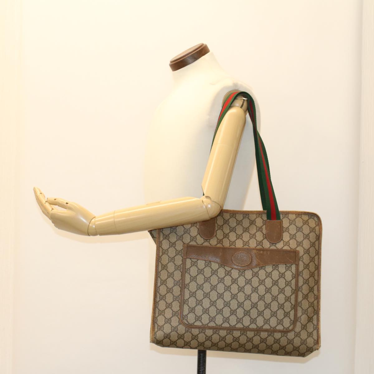 GUCCI GG Canvas Web Sherry Line Tote Bag Beige Red Green 89.02.997 ep1045