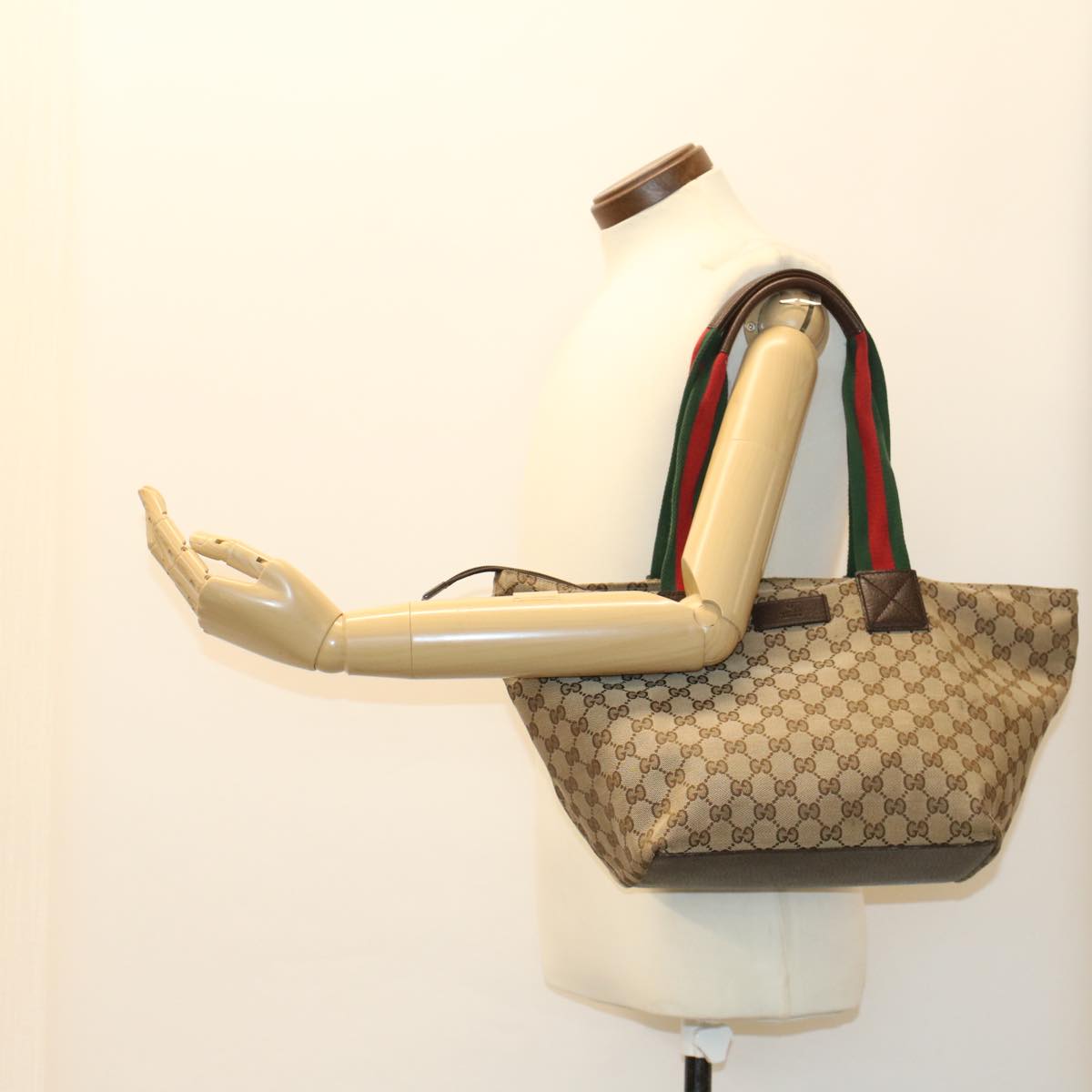 GUCCI GG Canvas Web Sherry Line Tote Bag Leather Beige Red 131230 ep1049