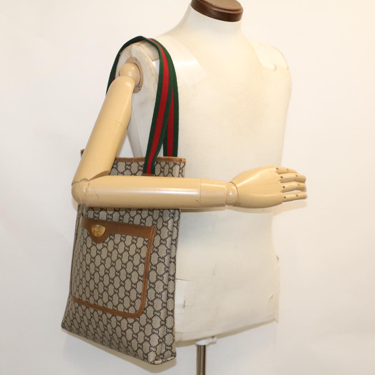 GUCCI GG Plus Canvas Web Sherry Line Tote Bag Beige Red Green ep1126
