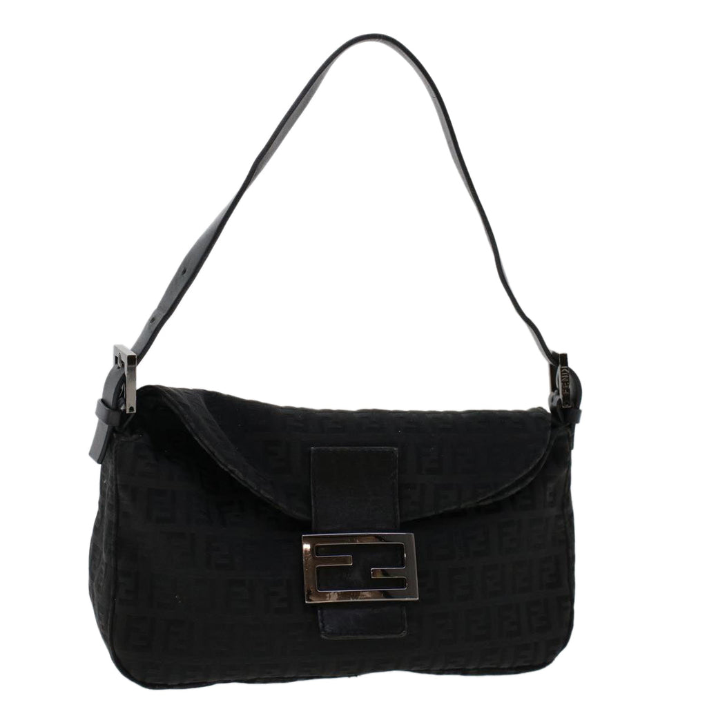 FENDI Zucchino Canvas Mamma Baguette Shoulder Bag Leather Black ep1135