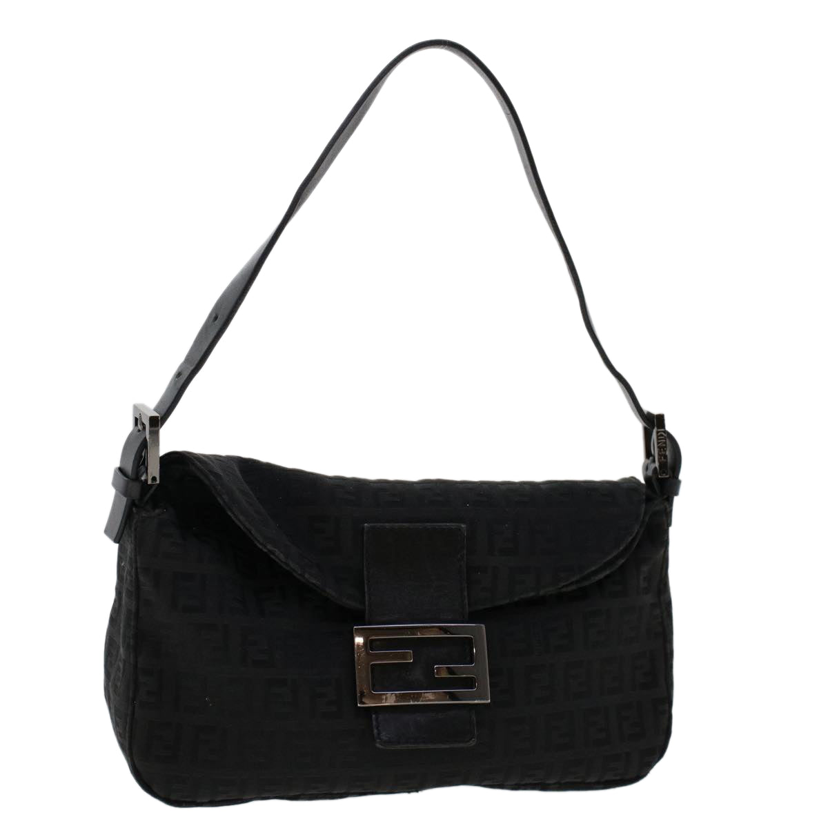 FENDI Zucchino Canvas Mamma Baguette Shoulder Bag Leather Black ep1135