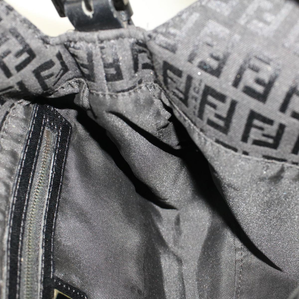 FENDI Zucchino Canvas Mamma Baguette Shoulder Bag Leather Black ep1135