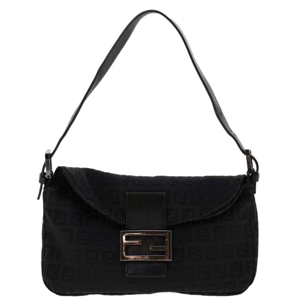 FENDI Zucchino Canvas Mamma Baguette Shoulder Bag Leather Black ep1135