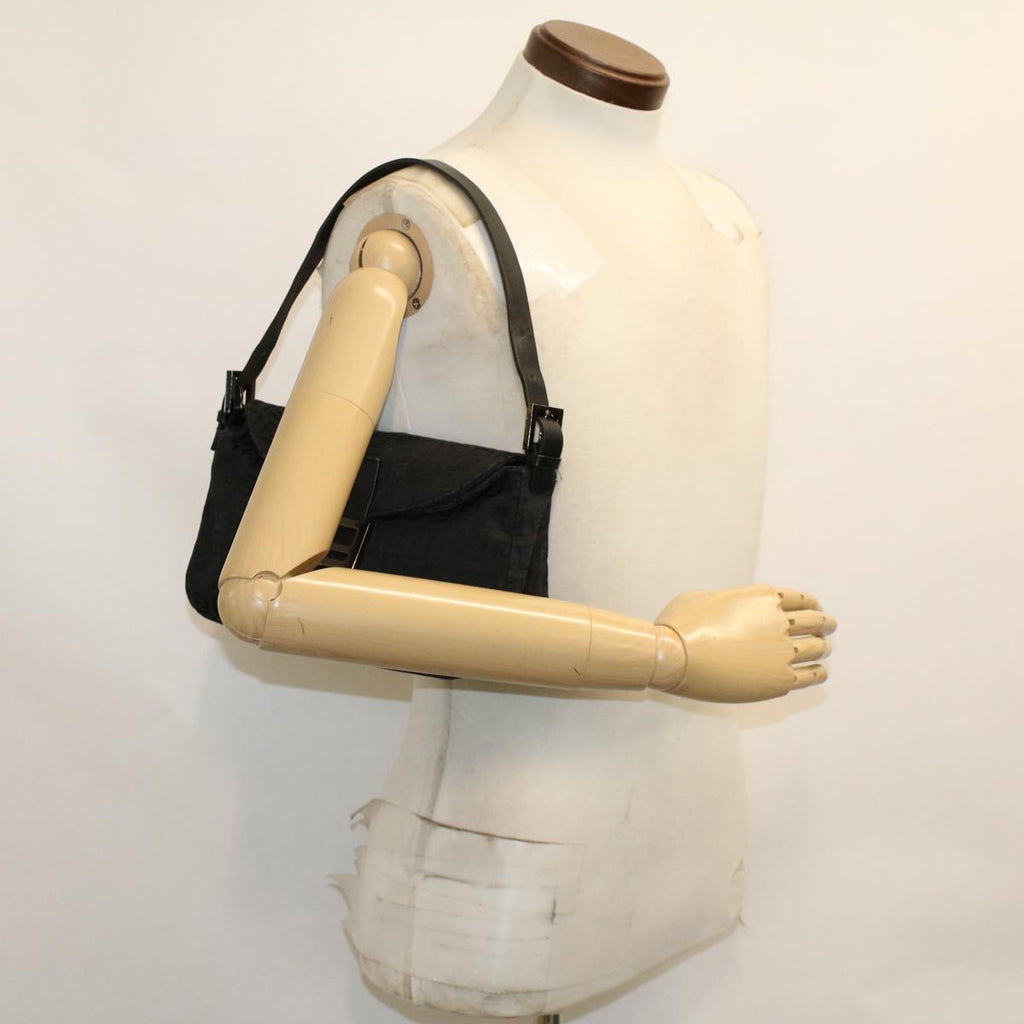 FENDI Zucchino Canvas Mamma Baguette Shoulder Bag Leather Black ep1135