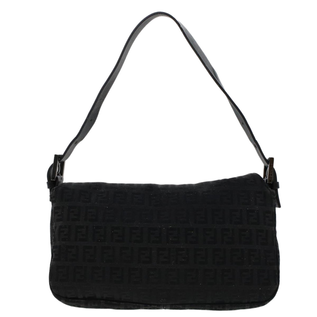 FENDI Zucchino Canvas Mamma Baguette Shoulder Bag Leather Black ep1135
