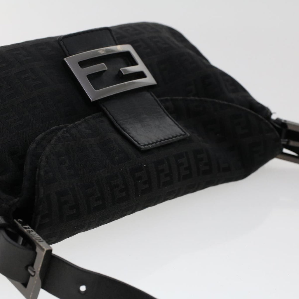 FENDI Zucchino Canvas Mamma Baguette Shoulder Bag Leather Black ep1135