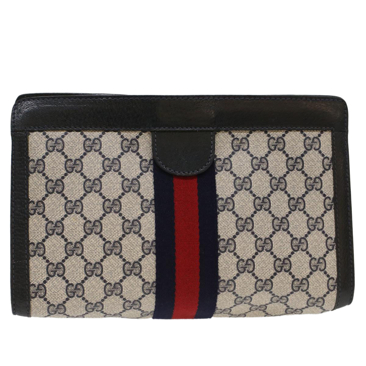 GUCCI GG Canvas Sherry Line Clutch Bag PVC Leather Navy Red ep1288