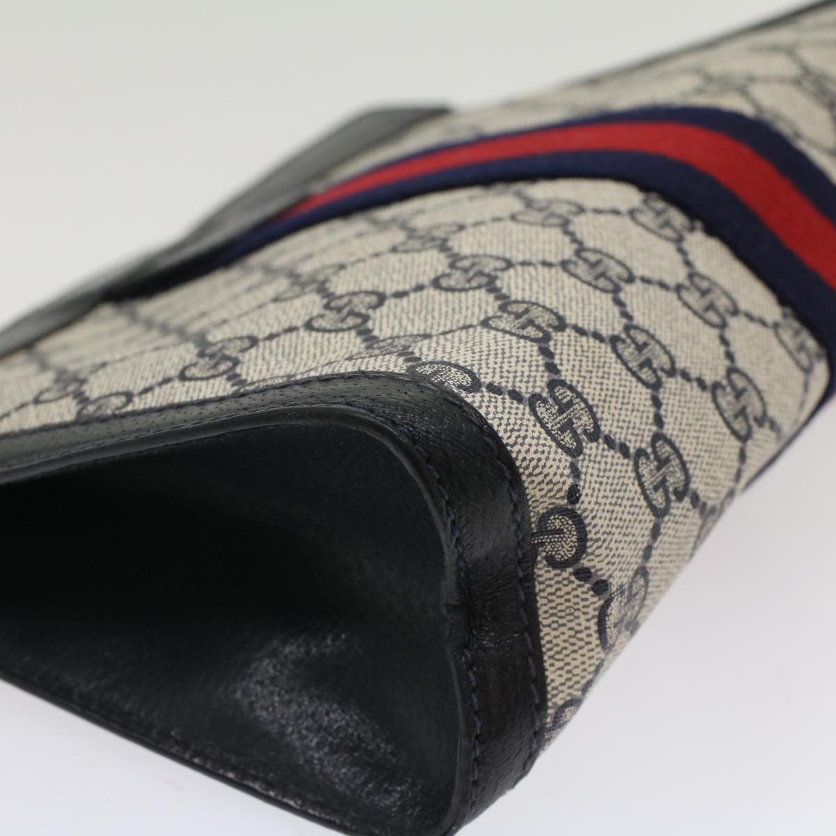GUCCI GG Canvas Sherry Line Clutch Bag PVC Leather Navy Red ep1288