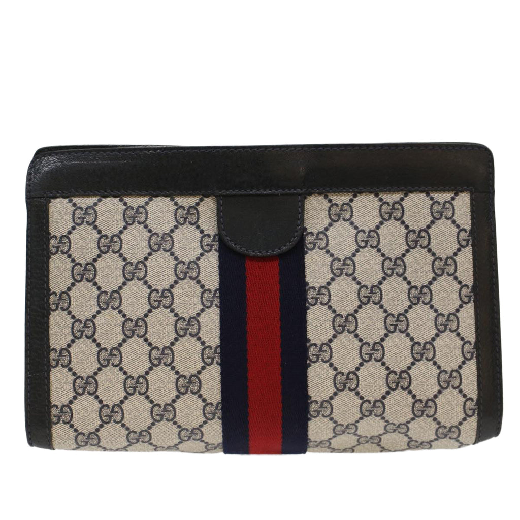 GUCCI GG Canvas Sherry Line Clutch Bag PVC Leather Navy Red ep1288