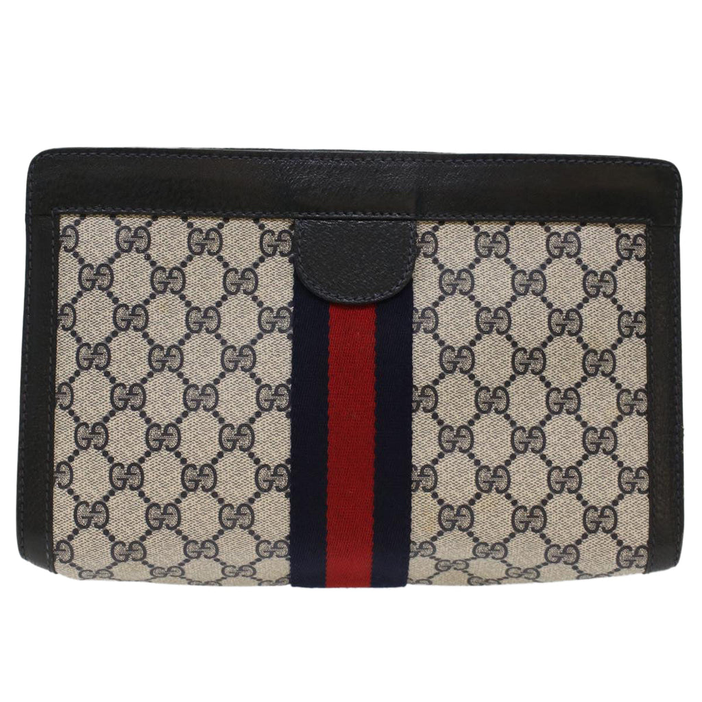 GUCCI GG Canvas Sherry Line Clutch Bag PVC Leather Navy Red ep1288