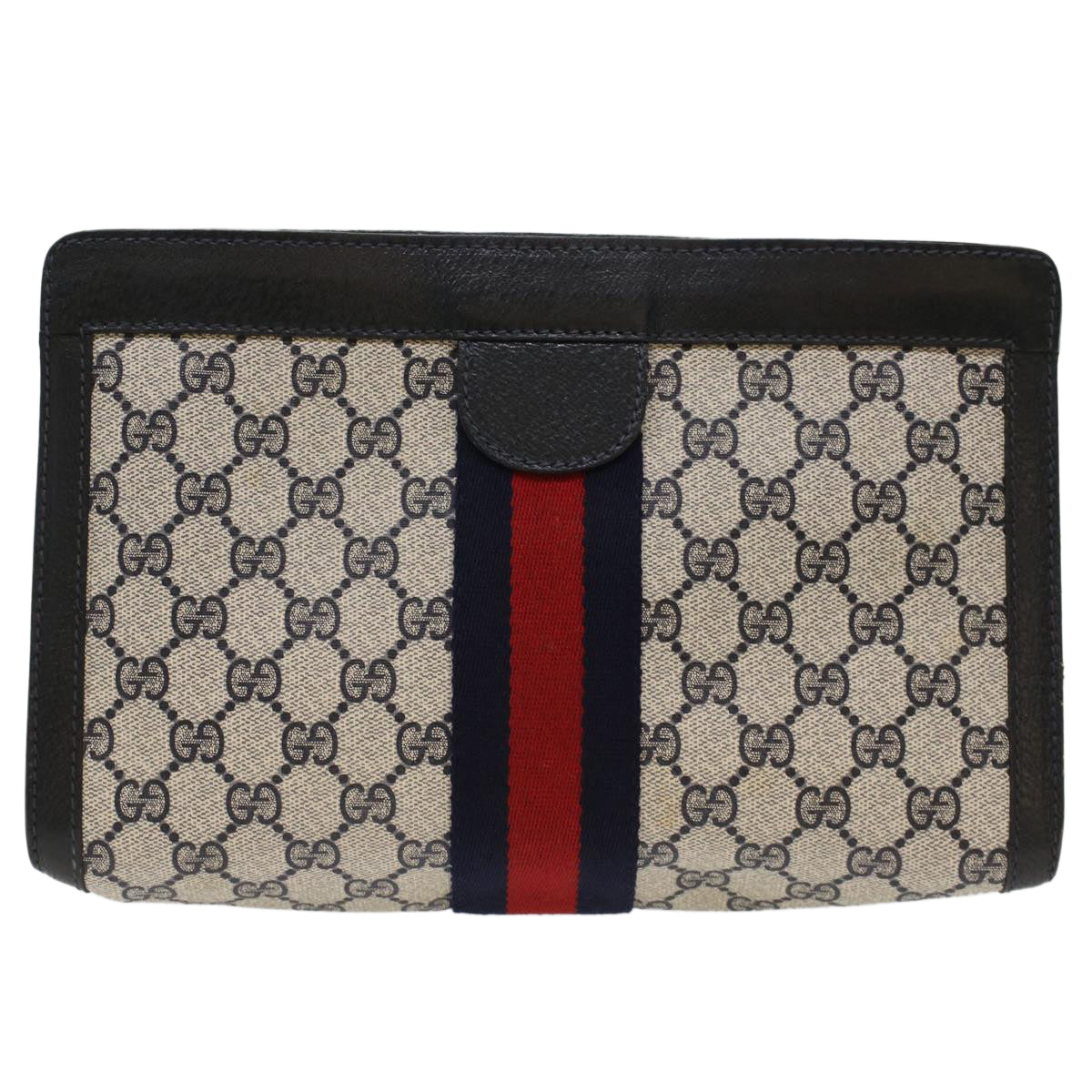 GUCCI GG Canvas Sherry Line Clutch Bag PVC Leather Navy Red ep1288